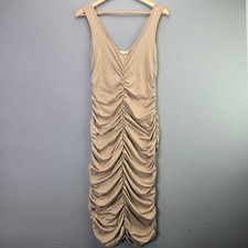 Heart Hips Ruched Bodycon Midi Dress Medium Tan Sleeveless V-Neck Stretch Sexy
