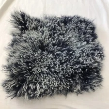 Mon Chateau Tibetan Lamb Fur Pillow Silver Gray 17" Square Blue Leather Vintage