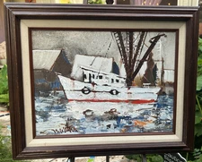 Charming Folk Art Oil on Canvas of a Shrimp Boat, Signed and Framed