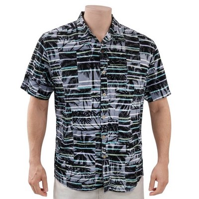 Cooke Street Hawaiian Aloha Shirt Large Palms Silhouettes Stripes Gray White