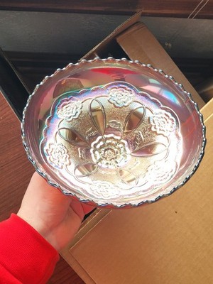 Super Dugan Amethyst Carnival Glass Double Stem Rose Dome Footed Bowl