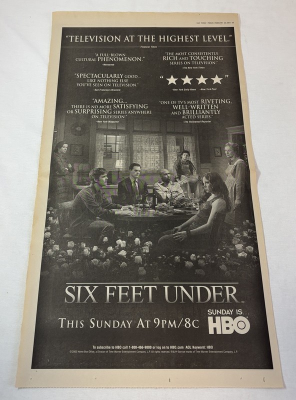 2003 full page newspaper ad - HBO tv show SIX FEET UNDER ~ highest level