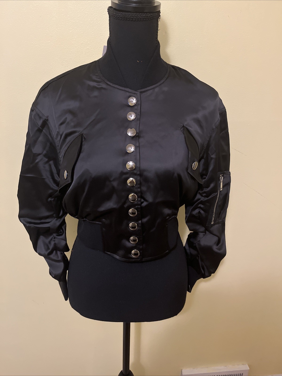 NWT Choosy Black Bomber Jacket 2 Ruched Sleeves Flap Pockets Y2K Moto Bike