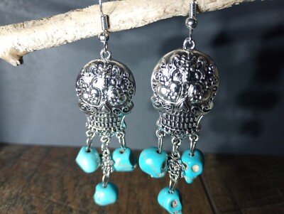 Drop Earrings Skull Blue Turquoise  Silver Metal Halloween Gift