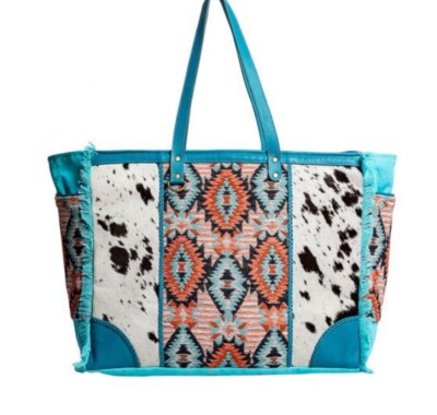 XL Myra Bag Western Boho Weekender Bag Travel Canvas & Cowhide Leather Bag
