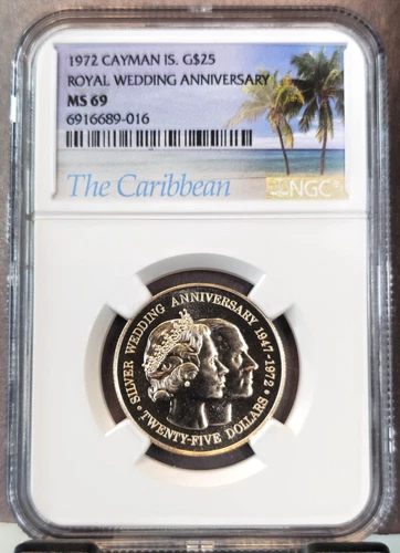 1972 CAYMAN ISLANDS GOLD 25 DOLLARS ROYAL WEDDING ANNIV NGC MS 69 RARE TOP POP