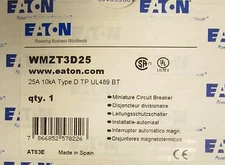 Eaton WMZT3D25 3 Pole 25 Amp Type D TP 10 Ka Circuit Breaker 