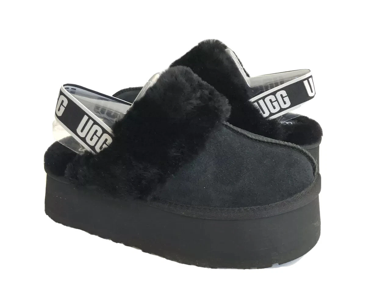 SANDALI UGG FUNKETTE SLIDE CINTURINO NERO PLATEAU SHEARLING US 6 EU 37 UK 4