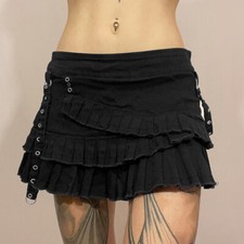 Lady Denim Pleated Skirt Mini Low Waist Zip Tiered Punk Gothic Club Sexy Party