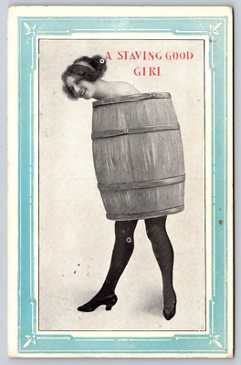 Postcard Comic A Staving Good Girl Lady Wearing Wood Barrel