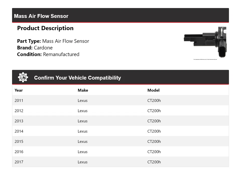 Sensor de flujo de aire másico Cardone 2012 2013 2014 2015 2016 para Lexus CT200h 2011-2017 Foto 2 de 4