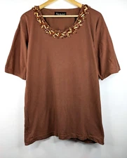 VANGO Vintage 90s Women BROWN Beaded Embellished T-shirt Size 10 12 14 Casual