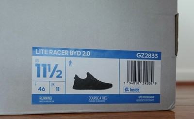 NIB Adidas Mens Lite Racer BYD 2.0 GZ2833 US 11.5 Triple Black Running Walking