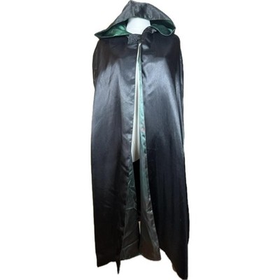 Vintage Handmade Satin Black and Green Cape Evening Cloak with Hood