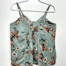 Doe & Rae Blouse Tank Top Sz L Sage Green Floral Satin Pleated Festival Boho