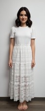 Vintage Versona White Peasant Short Sleeve Tiered Lace Long Maxi Dress Size M