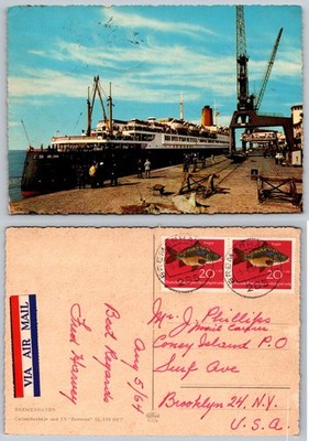 TS Bremen Ocean Liner Bremerhaven Germany 1964 Postcard Dock & Ship View