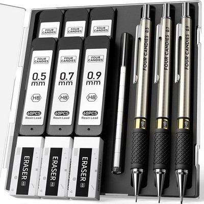 Mechanical Pencil Set 3PCS 0.5 0.7 0.9 mm & 360PCS HB Leads