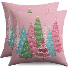 Pink Christmas Pillow Covers 18x18 Inch Set of 2 Cute Colorful Xmas Tree Deco...