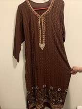 Indian/Pakistani Women Shalwar Kameez Brand New Brown with Muilticolor Design