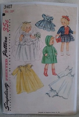 Simplicity Doll Clothes Pattern 3407 For 20-in Dolls 1950