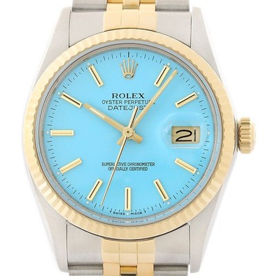 Rolex Datejust Aqua Blau Ziffernblatt 18K Gelbgold & Ss Jubiläum Uhr 16013