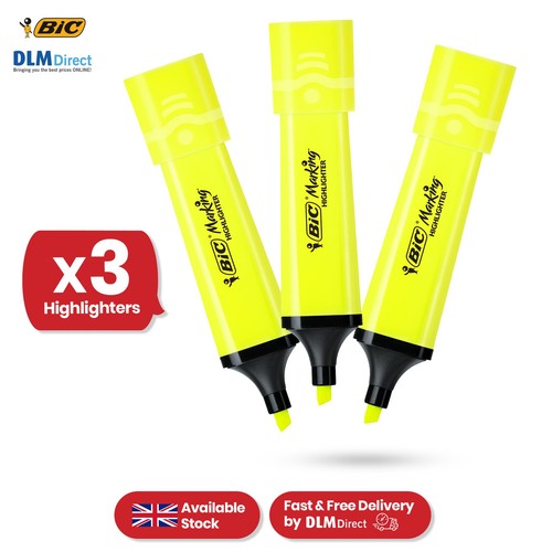 3x BIC Marking Highlighter Flat Marker Neon Yellow for Precise & Bold Tasks