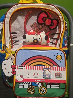 Hello Kitty Girls 4-Piece Backpack Set 17'' Lunch Box, Headphones, key Chain New
