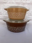 Vintage Pyrex Woodland Brown Covered Casserole Set 474 & 475 w/Lids 1.5 & 2.5 Qt
