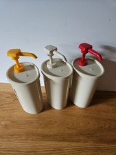 1970s Tupperware Condiment Pump Set Ketchup Mustard Mayo Dispensers 3 Pc READ