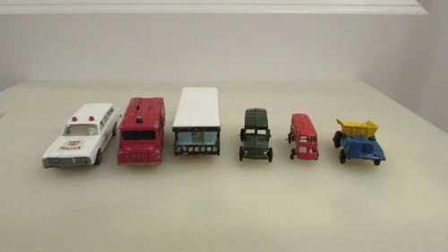 3 VINTAGE LESNEY MATCHBOX VEHICLES POLICE FIRE & CAMPER & 3 OTHER METAL VEHICLES