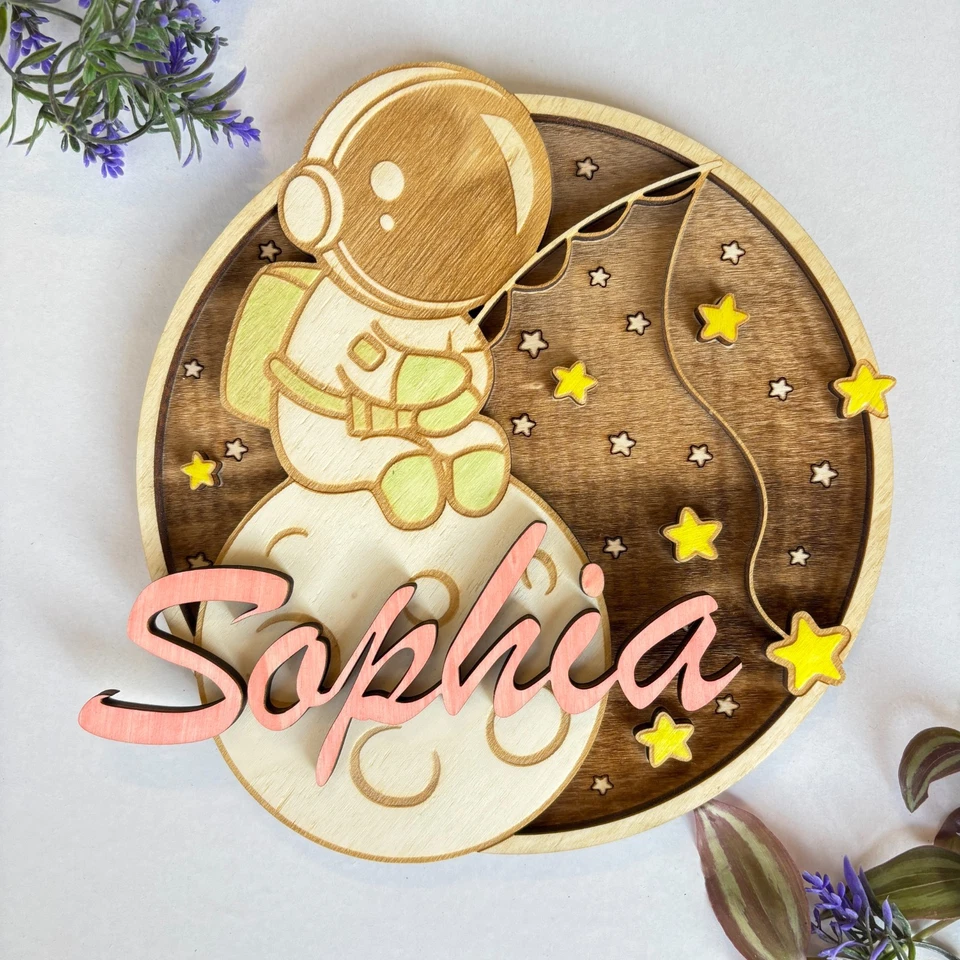 Letrero de madera para guardería de astronauta - Placa de habitación de bebé pintada a mano con temática de pescador Foto 4 de 4