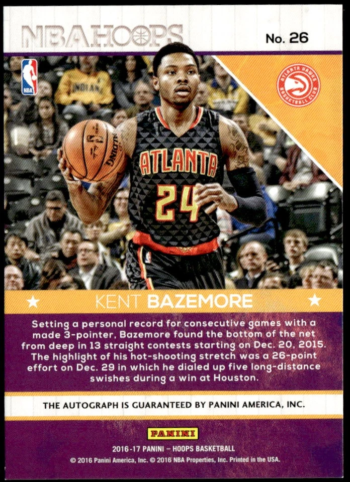 2016-17 Hoops #26 Kent Bazemore Hot Signatures Auto E1 - Image 2 of 2