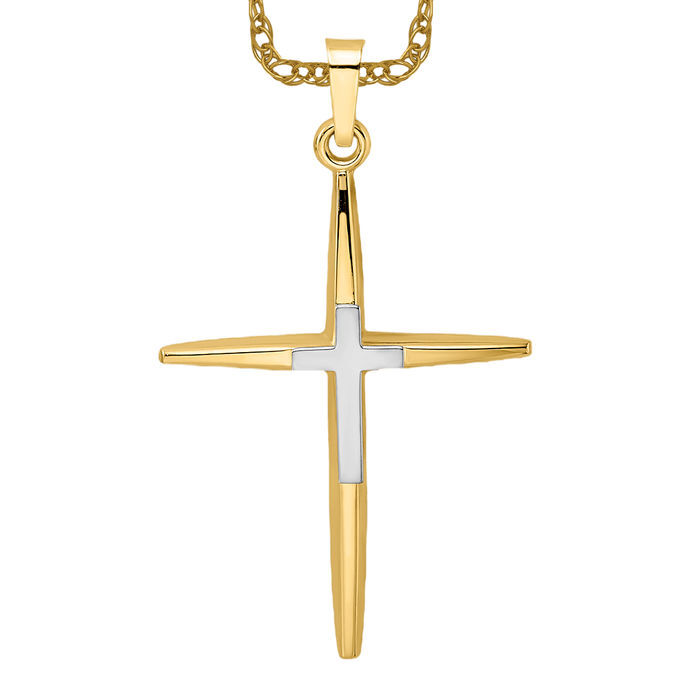 14K Solid Two Tone Gold Double Cross Necklace | eBay