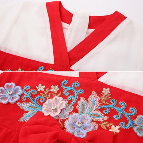 Kid Girl Dress Chiffon Floral Embroidery Short Sleeve Bowknot Chinese Hanfu - Picture 12 of 15