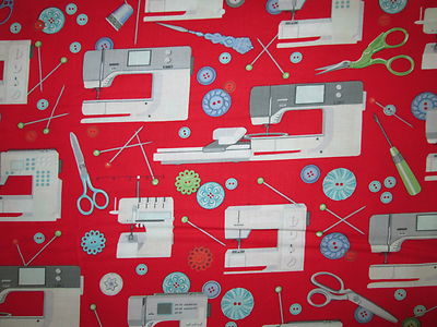 SEWING MACHINES BUTTONS THREAD SCISSORS SEWING ITEMS RED COTTON FABRIC BTHY