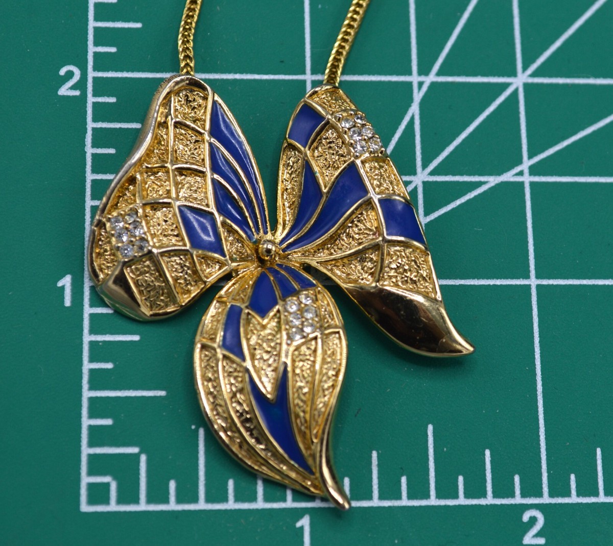 Signed Balenciaga Paris Vintage Gold Tone w/ Blue Enamel Flower 