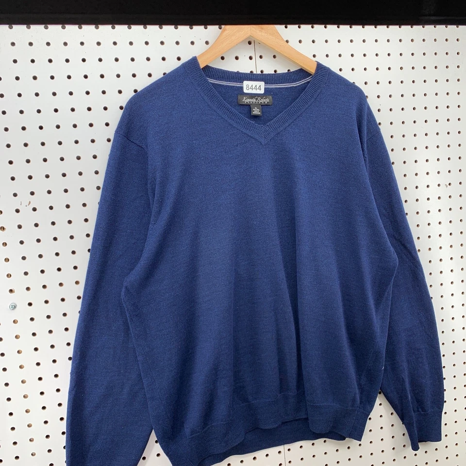 Suéter Kenneth Roberts Platino 100% Lana Hombres XL Azul Cuello en V Pullover 24.5x27.5 Foto 3 de 4