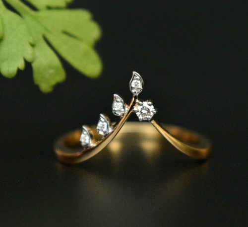 14k Solid Gold Leaf Chevron Wedding Statement Ring Gold Deep V Wedding Bands - Picture 3 of 12