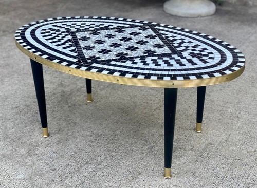 Mid-Century Modern Tile Top Black & White Mosaic Oval Coffee Table - Picture 3 of 12