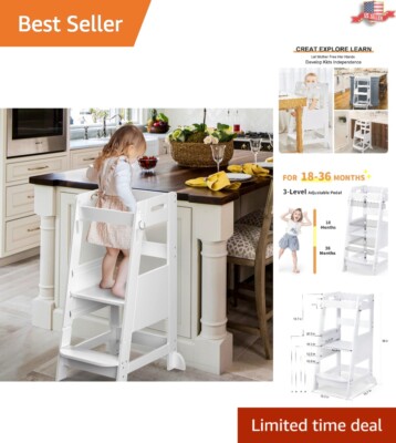 Adjustable Bamboo Toddler Kitchen Step Stool - Anti-Slip - Heights up to 36''