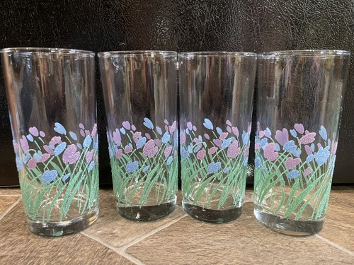 4 Libbey SPRINGTIME Tumbler Glasses BLUE PURPLE GREEN Floral 16 oz 6 1/4 Vintage
