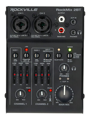 Rockville RockMix 2BT 2 Channel USB Interface Mixer, 2-way Bluetooth For Podcast