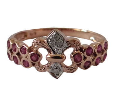 R132 Genuine 9K Rose Gold Natural Ruby & Diamond Fleur-de-lis Eternity Ring
