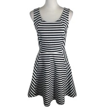 Express Fit & Flare Dress Womens Small Black White Striped Back Keyhole Button