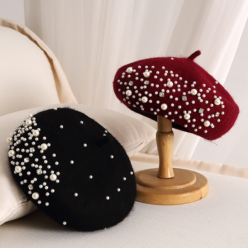 Fall Winter Women Girls Pearl Rhinestone Wool Beret Warm  display picture 2