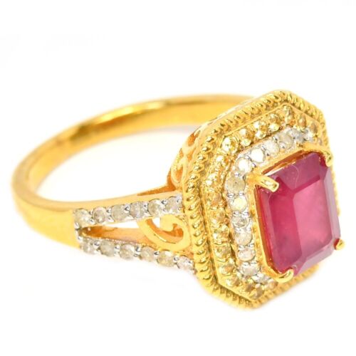 925 STERLING SILVER BLOOD RED RUBY OCTAGON 14K YEELOW GOLD PLATED RING SIZE 8 - Picture 3 of 9