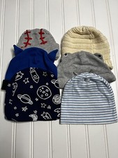 Newborn Baby Infant Kid Beanie Hat Lot Cap 0-6 Month Bundle Blue Tan Gray Space