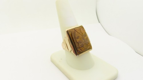 Mens Antique Rings Cameo Jewelry Gold Large Tiger Eye Three Faced 10K US 10 R431 - Video 1 of 1