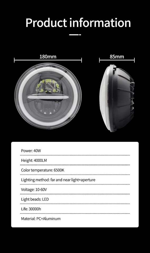 1 pieza 7 pulgadas aplicable para Lada Wrangler Jeep Harley, faros LED para motocicleta Foto 2 de 4